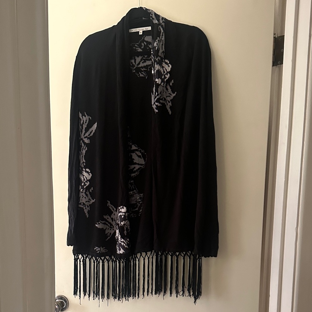 RACHEL Rachel Roy Black and Gray Fringe Poncho